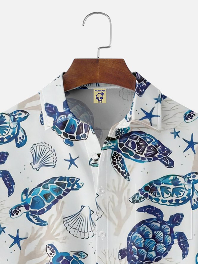 Big Size Moisture-wicking Marine Sea Turtle Chest Pocket Hawaiian Shirt