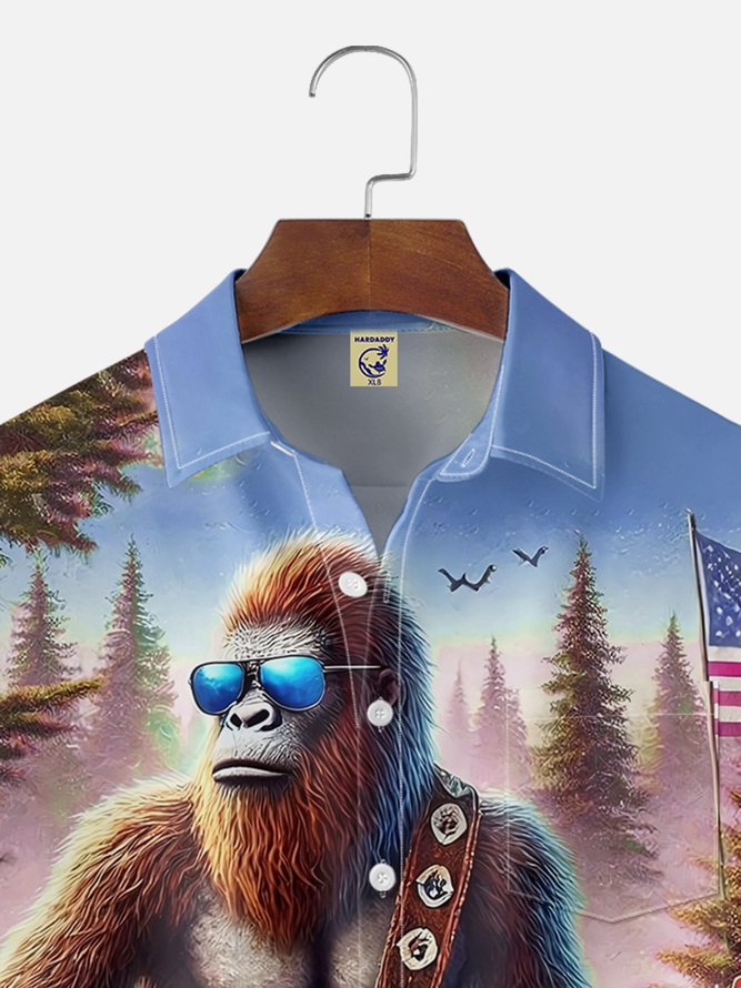 Big Size Moisture-wicking American Flag Bigfoot Guitar Rock Chest Pocket Hawaiian Shirt