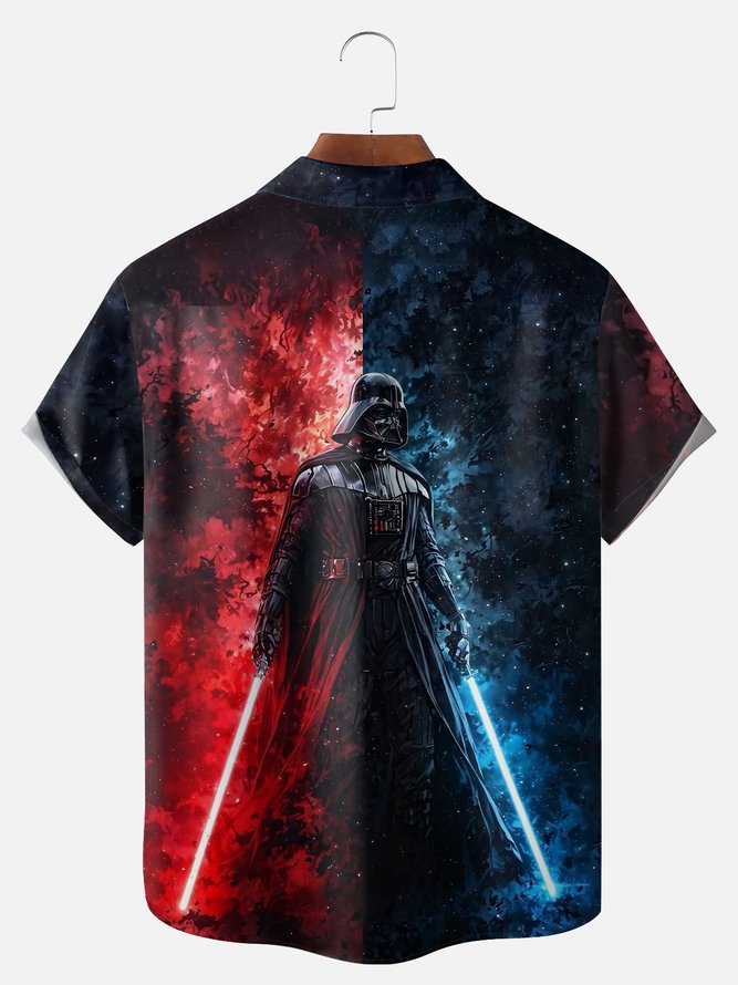 Big Size Moisture-wicking Star Technology Universe Planet Chest Pocket Casual Shirt