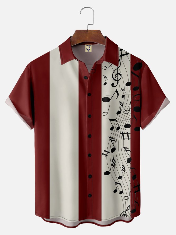 Big Size Moisture-wicking Music Note Chest Pocket Bowling Shirt