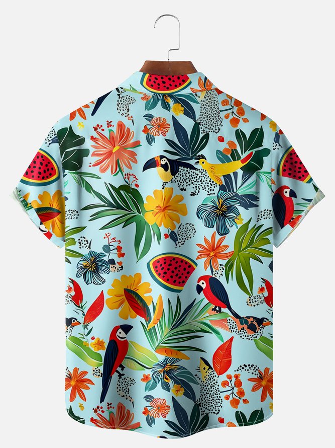 Big Size Moisture-wicking Tropical Palm Tree Parrots Chest Pocket Hawaiian Shirt