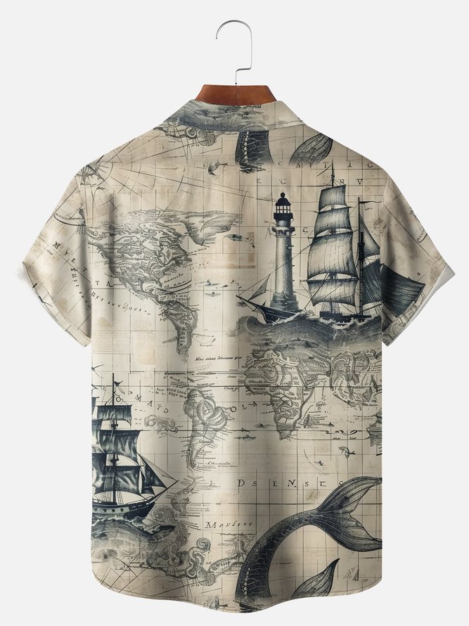 Big Size Moisture-wicking Ocean Map Sailboat Lighthouse Chest Pocket Casual Shirt