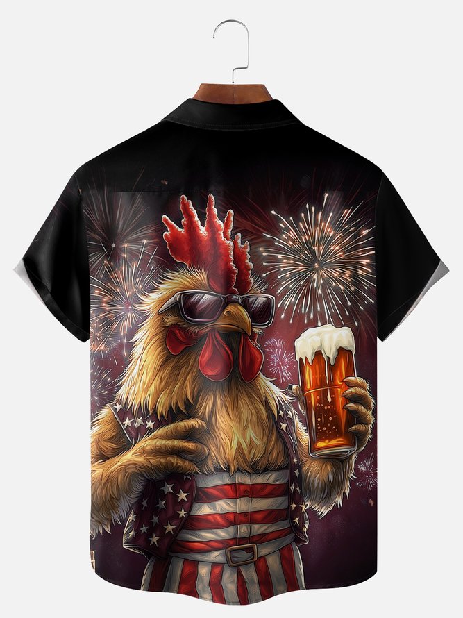 Big Size Moisture-wicking American Flag Chicken Beer National Patriotic Chest Pocket Casual Shirt