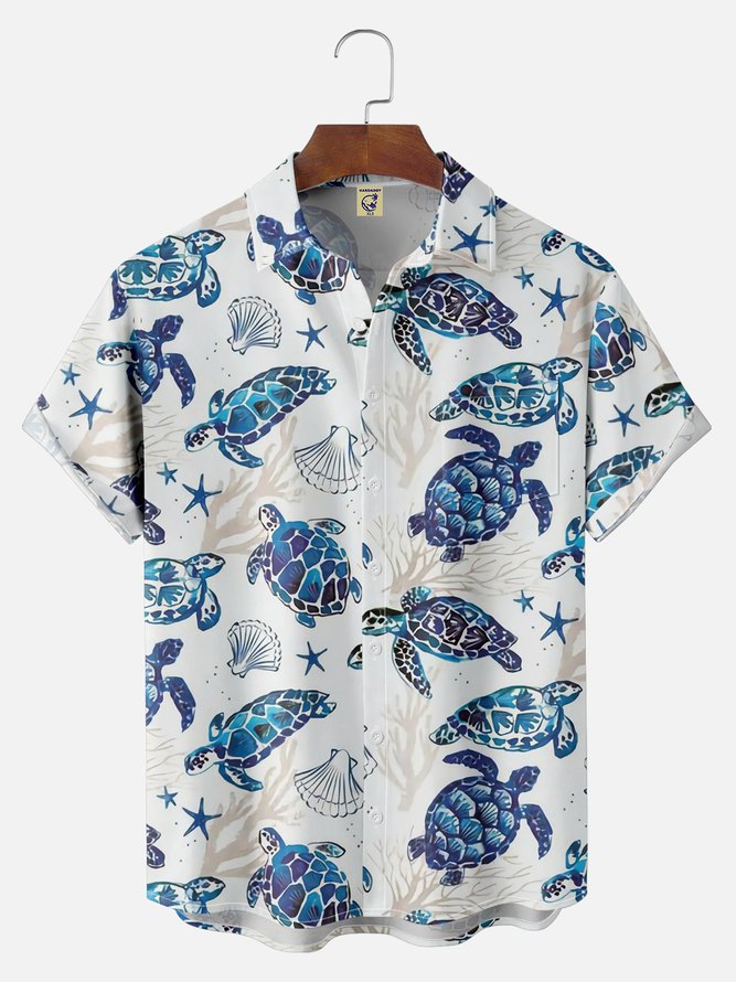 Big Size Moisture-wicking Marine Sea Turtle Chest Pocket Hawaiian Shirt