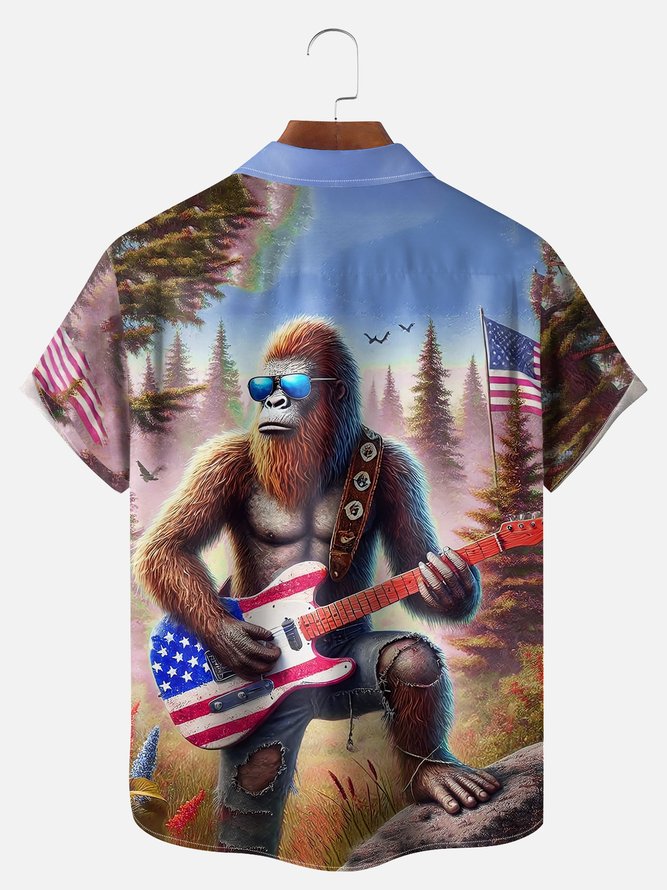 Big Size Moisture-wicking American Flag Bigfoot Guitar Rock Chest Pocket Hawaiian Shirt
