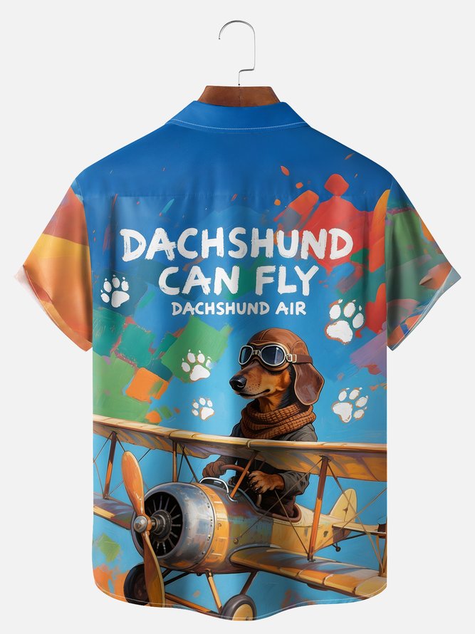 Big Size Moisture-wicking Dachshund Flying Plane Chest Pocket Hawaiian Shirt