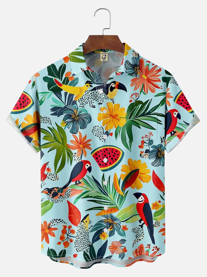 Big Size Moisture-wicking Tropical Palm Tree Parrots Chest Pocket Hawaiian Shirt