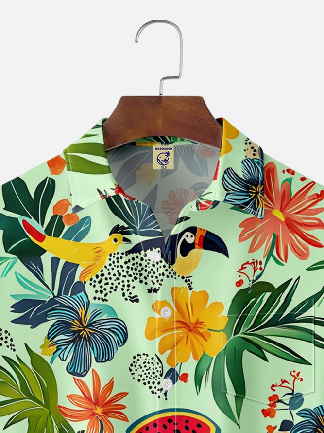Big Size Moisture-wicking Tropical Palm Tree Parrots Chest Pocket Hawaiian Shirt