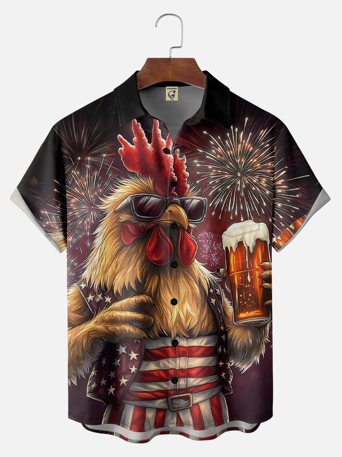 Big Size Moisture-wicking American Flag Chicken Beer National Patriotic Chest Pocket Casual Shirt