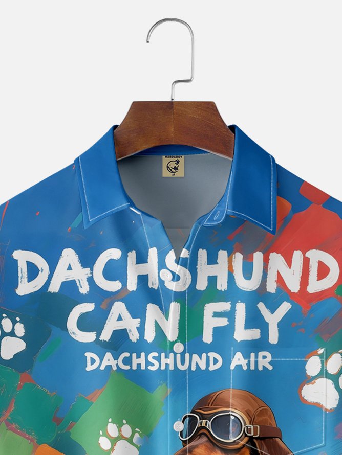 Tall Size Moisture-wicking Dachshund Flying Plane Chest Pocket Hawaiian Shirt