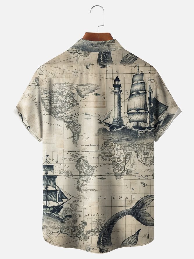 Tall Size Moisture-wicking Ocean Map Sailboat Lighthouse Chest Pocket Casual Shirt