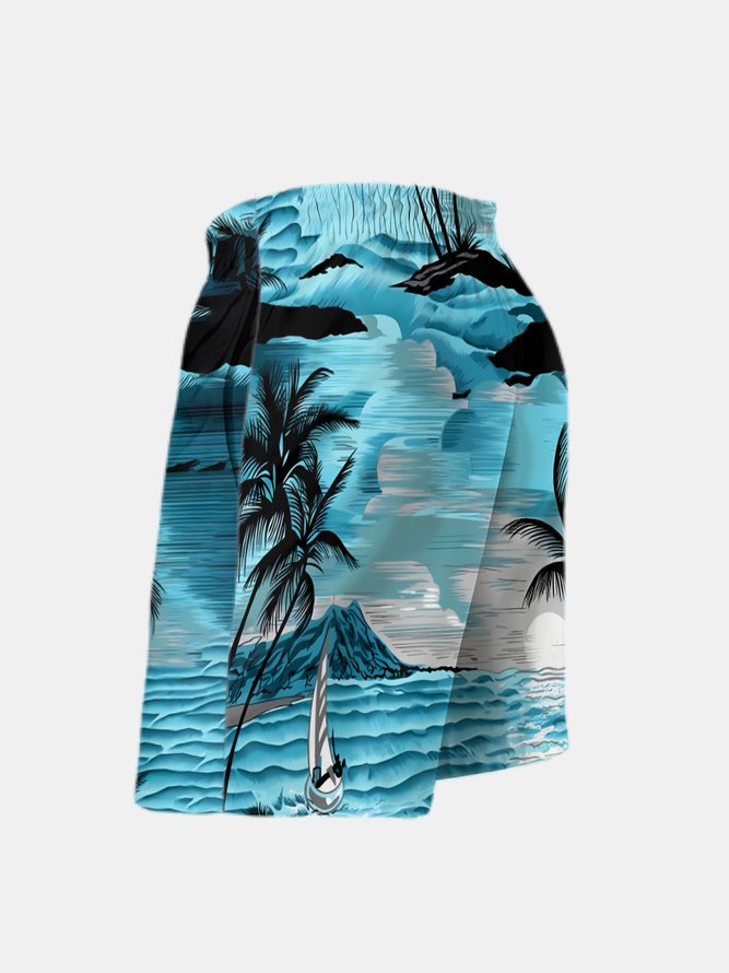 Men's Swim Trunks Hawaiian Tropical Palm Tree Beach Shorts with Pockets