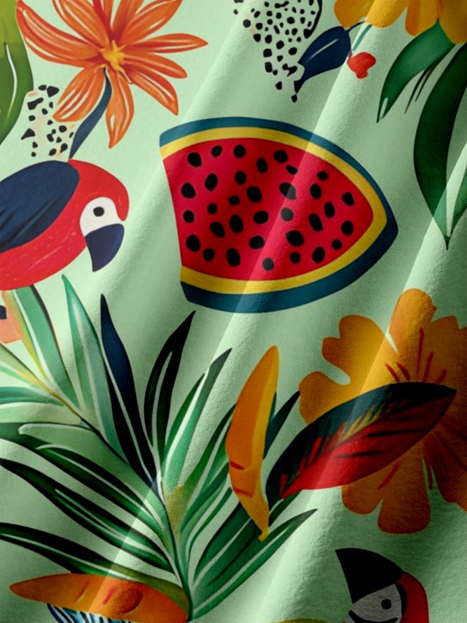 Big Size Moisture-wicking Tropical Palm Tree Parrots Chest Pocket Hawaiian Shirt