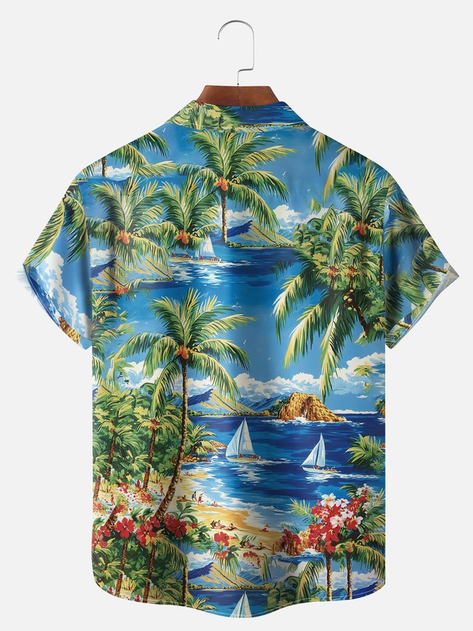 Big Size Moisture-wicking Palm Tree Chest Pocket Hawaiian Shirt