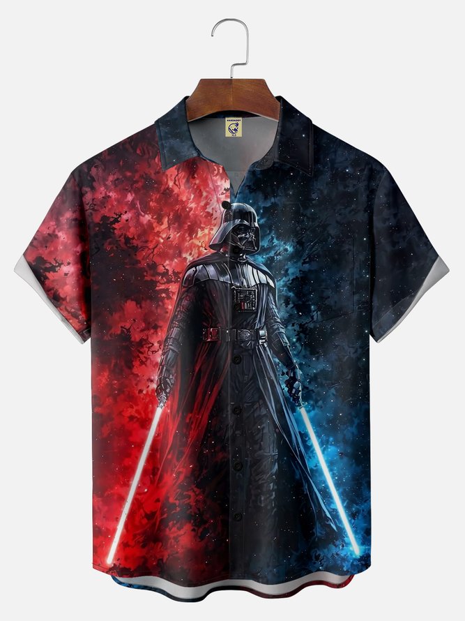 Big Size Moisture-wicking Star Technology Universe Planet Chest Pocket Casual Shirt