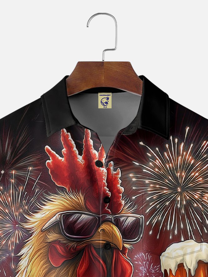 Big Size Moisture-wicking American Flag Chicken Beer National Patriotic Chest Pocket Casual Shirt