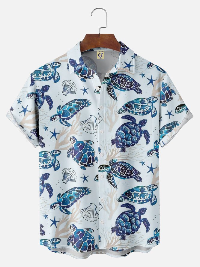 Big Size Moisture-wicking Marine Sea Turtle Chest Pocket Hawaiian Shirt