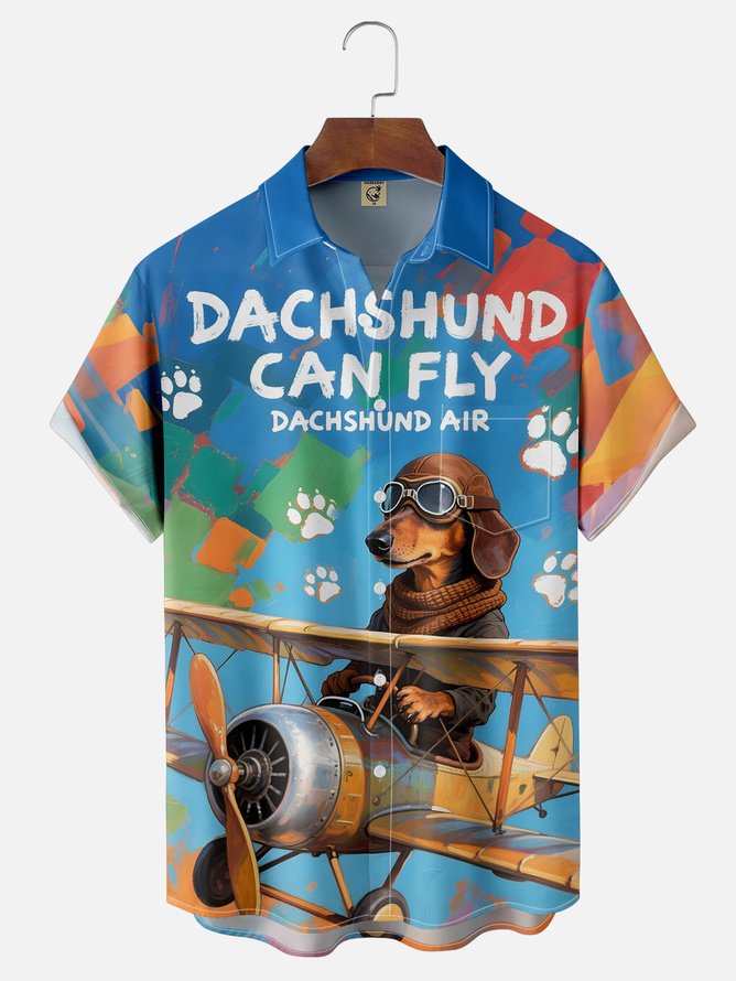 Tall Size Moisture-wicking Dachshund Flying Plane Chest Pocket Hawaiian Shirt