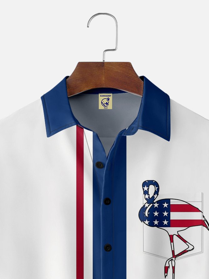 Big Size Moisture-wicking Flamingo Chest Pocket Bowling Shirt