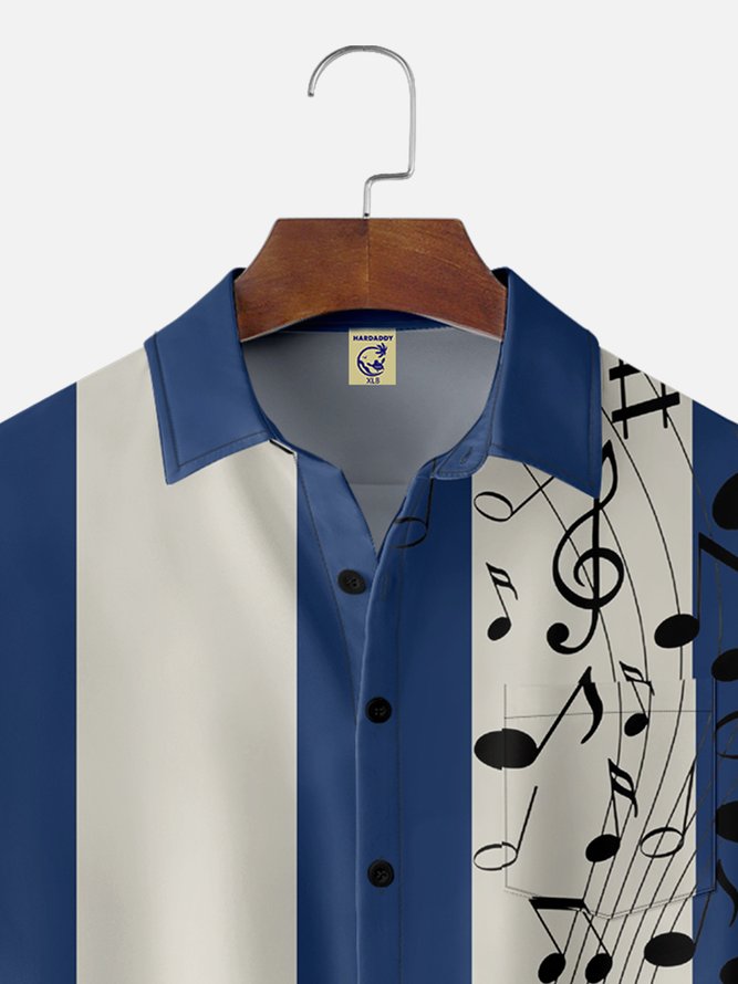 Big Size Moisture-wicking Music Note Chest Pocket Bowling Shirt