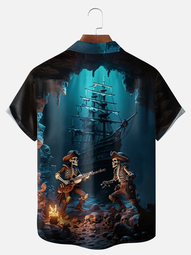 Big Size Moisture-wicking Pirate Music Guitar Chest Pocket Casual Shirt