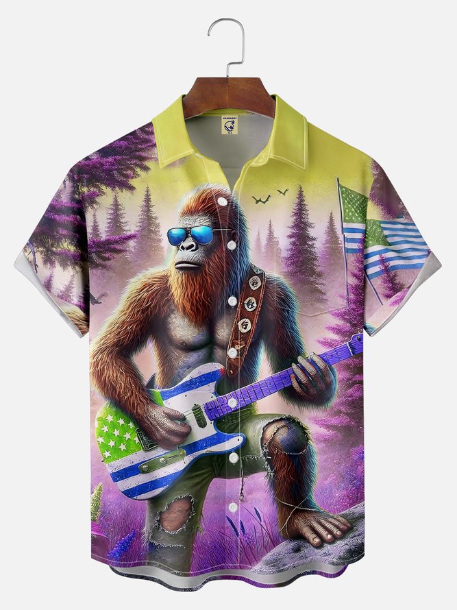 Big Size Moisture-wicking American Flag Bigfoot Guitar Rock Chest Pocket Hawaiian Shirt