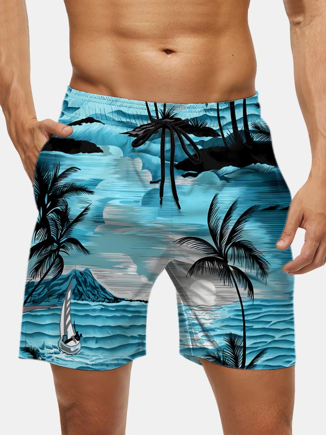 Men's Swim Trunks Hawaiian Tropical Palm Tree Beach Shorts with Pockets