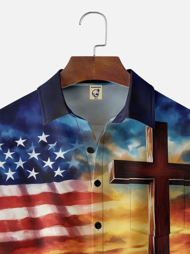 Big Size Moisture-wicking American Flag Cross National Patriotic Chest Pocket Casual Shirt