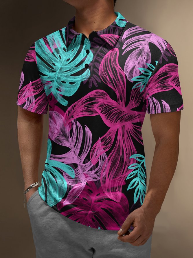 Moisture Wicking Tropical Plants Leaves Short Sleeve Golf Polo
