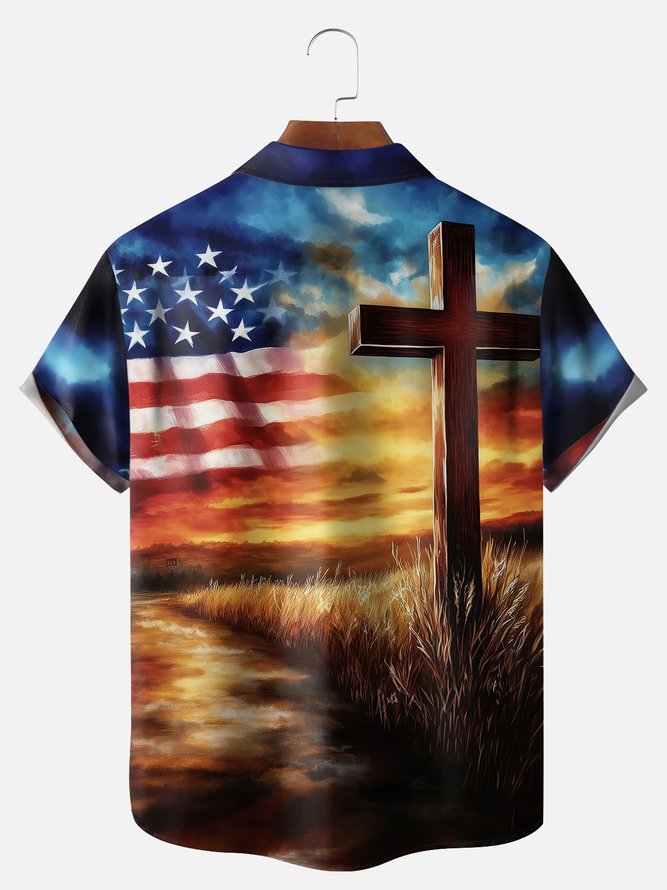 Big Size Moisture-wicking American Flag Cross National Patriotic Chest Pocket Casual Shirt