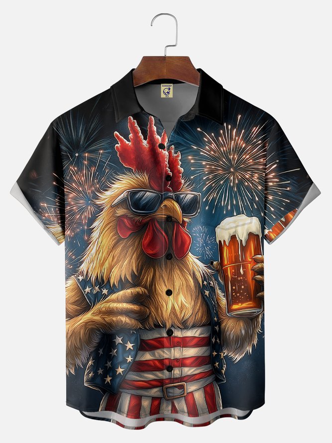 Big Size Moisture-wicking American Flag Chicken Beer National Patriotic Chest Pocket Casual Shirt