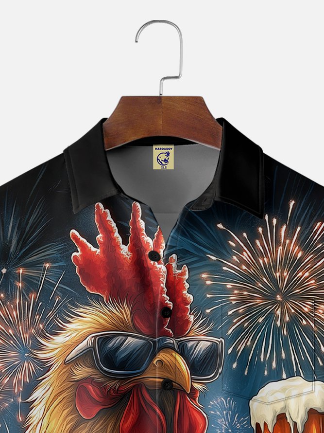 Big Size Moisture-wicking American Flag Chicken Beer National Patriotic Chest Pocket Casual Shirt
