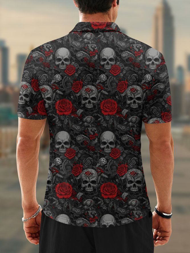 Moisture Wicking Rock Music Skull Rose Short Sleeve Golf Polo