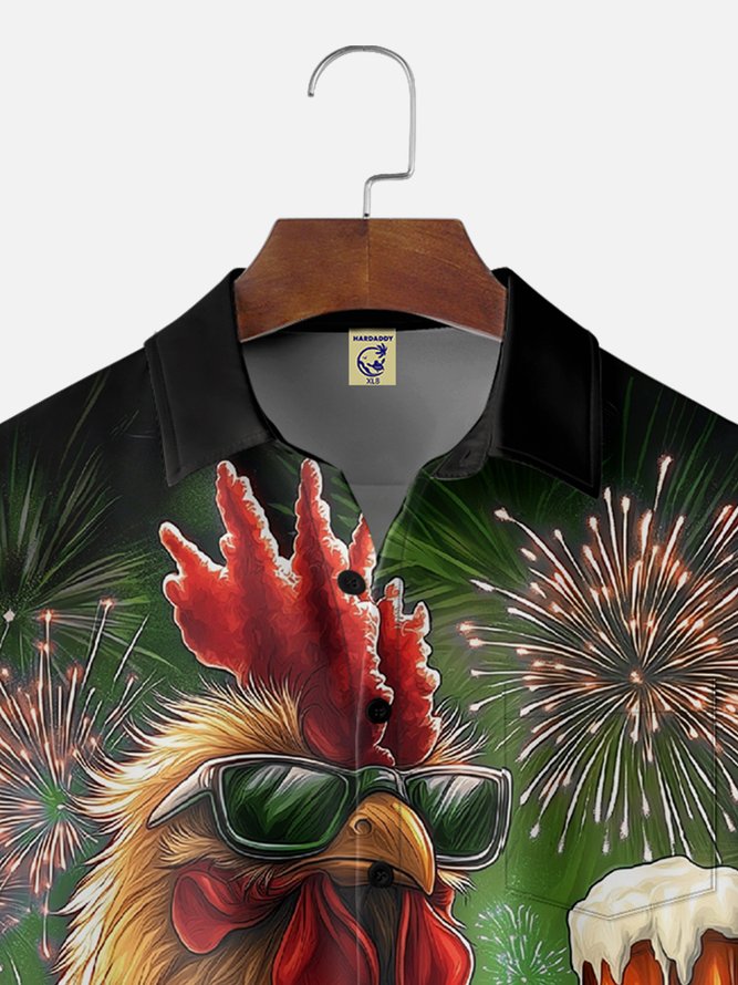 Big Size Moisture-wicking American Flag Chicken Beer National Patriotic Chest Pocket Casual Shirt