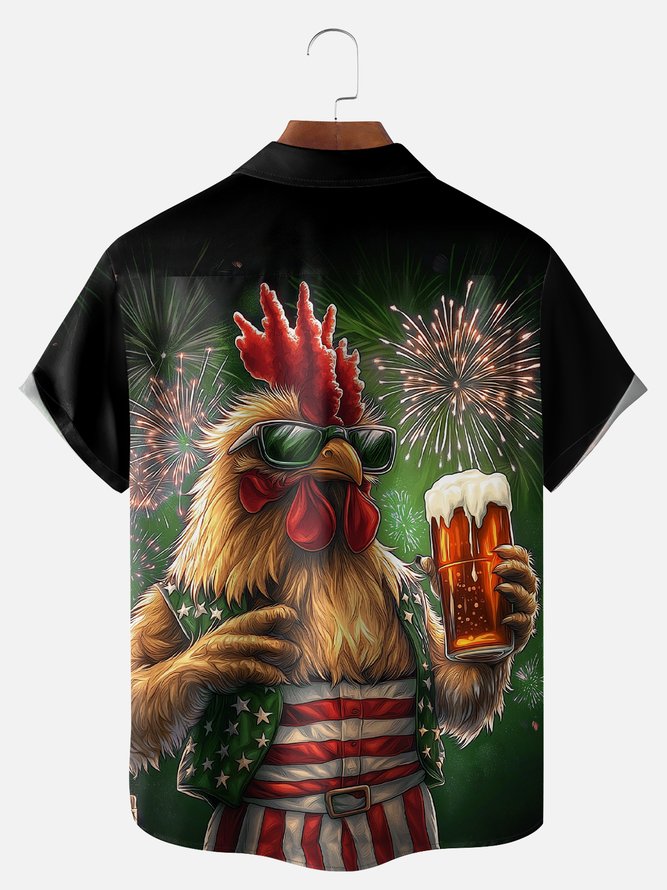 Big Size Moisture-wicking American Flag Chicken Beer National Patriotic Chest Pocket Casual Shirt
