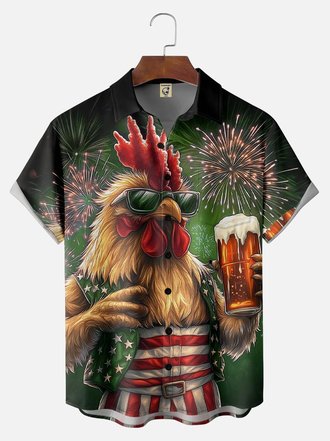 Big Size Moisture-wicking American Flag Chicken Beer National Patriotic Chest Pocket Casual Shirt