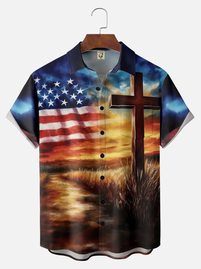 Big Size Moisture-wicking American Flag Cross National Patriotic Chest Pocket Casual Shirt