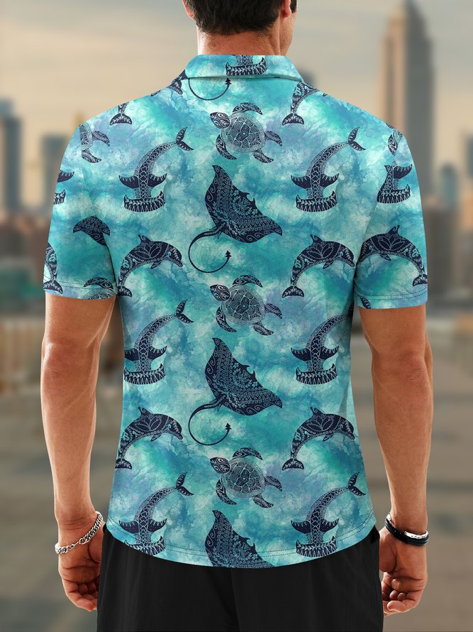Moisture Wicking Gradient Color Marine Animals Manta Short Sleeve Golf Polo