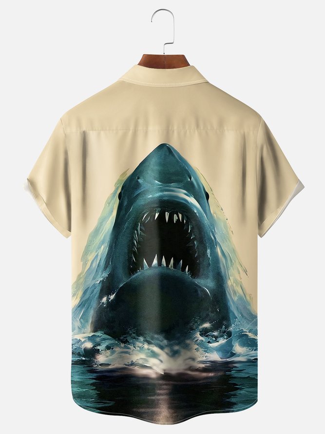 Moisture Wicking Great White Shark Chest Pocket Hawaiian Shirt
