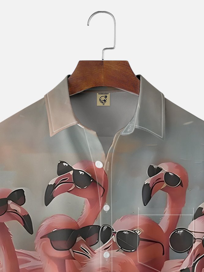 Moisture Wicking Flamingo Chest Pocket Hawaiian Shirt
