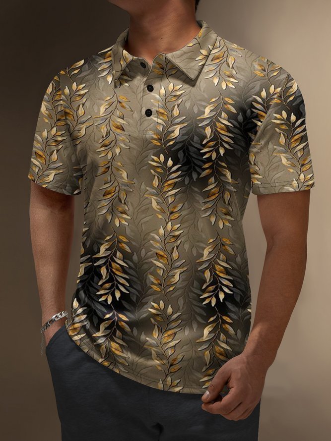 Moisture Wicking Gradient Color Leaves Short Sleeve Golf Polo