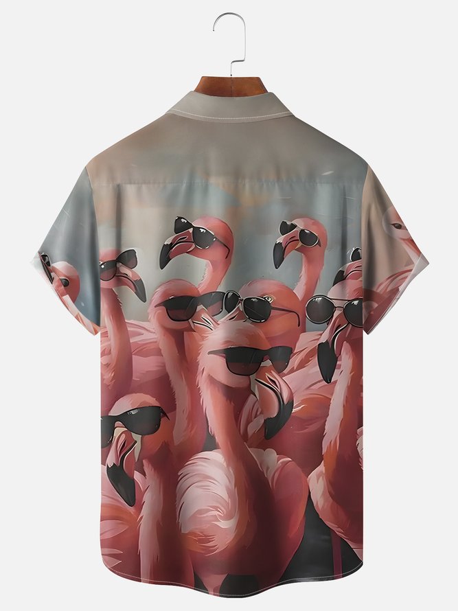 Moisture Wicking Flamingo Chest Pocket Hawaiian Shirt