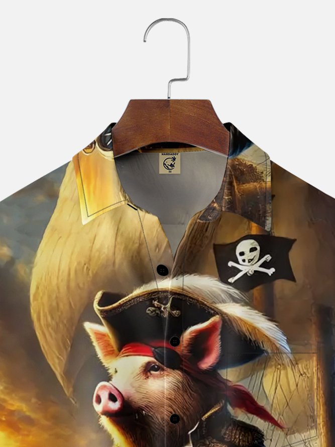 Moisture Wicking Pirate Pig Chest Pocket Hawaiian Shirt