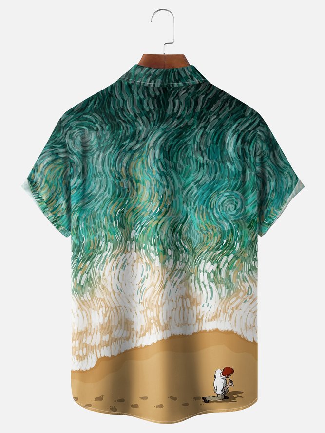 Moisture Wicking Ocean Art Painting Chest Pocket Hawaiian Shirt