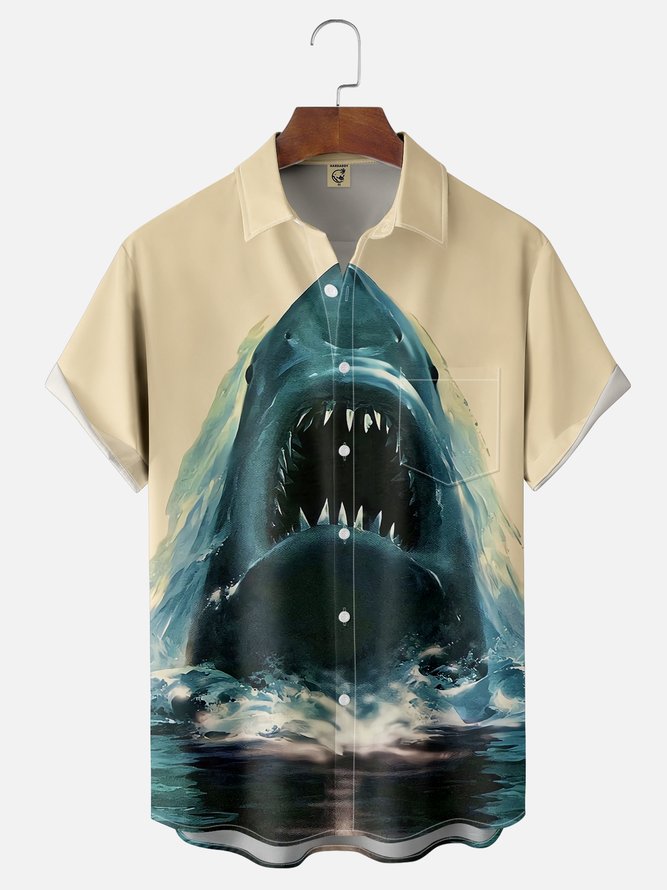 Moisture Wicking Great White Shark Chest Pocket Hawaiian Shirt