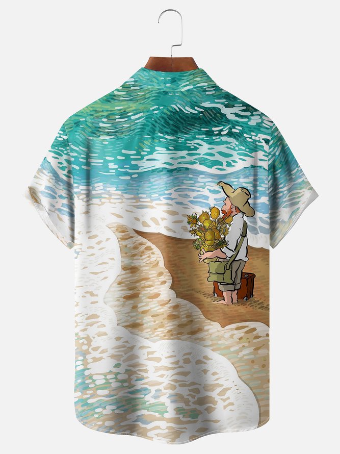 Moisture Wicking Ocean Art Painting Chest Pocket Hawaiian Shirt