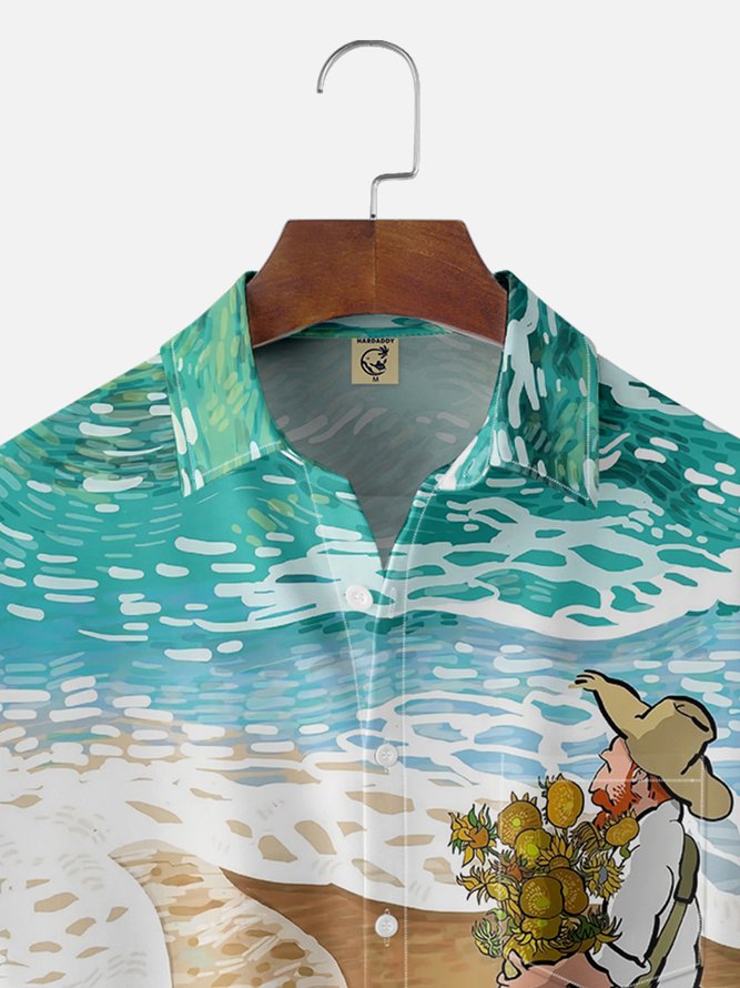 Moisture Wicking Ocean Art Painting Chest Pocket Hawaiian Shirt