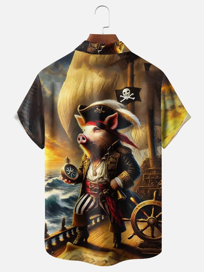Moisture Wicking Pirate Pig Chest Pocket Hawaiian Shirt