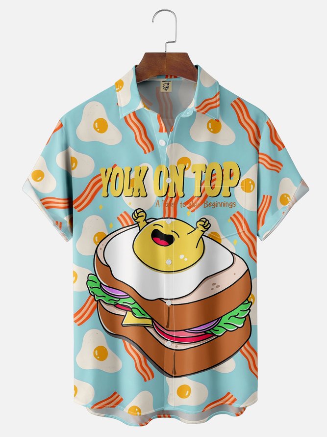 Hardaddy x Kimprut Imut Moisture Wicking Poached Eggs Toast Bacon Chest Pocket Hawaiian Shirt