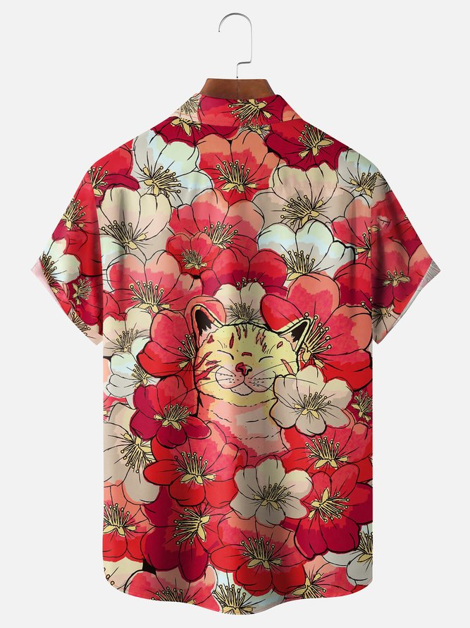Hardaddy X Artist Stephen Wade Moisture-wicking Sakura Cat Chest Pocket Hawaiian Shirt